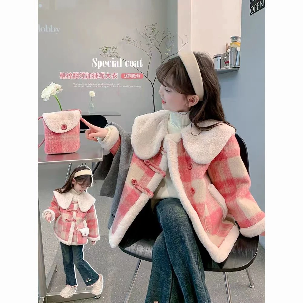 女童加绒外套冬装2023新款洋气儿童呢子大衣冬季加厚小女