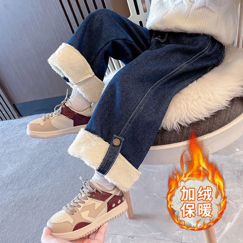女童加绒牛仔裤秋冬季新款网红儿童装宝宝一体绒外穿冬装裤子