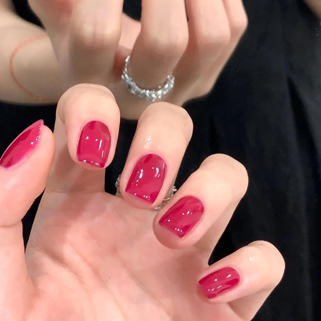 【火龙果】纯手工穿戴甲玫红粉色火龙果色纯色美甲