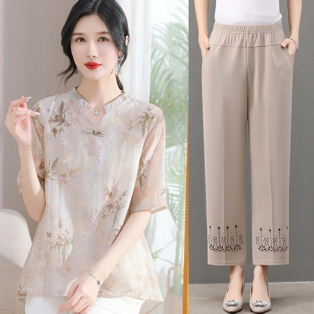 夏季薄款妈妈装新中式套装显瘦百搭气质短袖宽松中老年女两件套