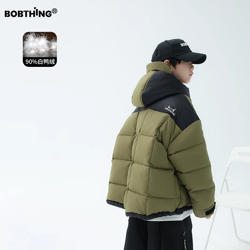 男童冬装军绿拼色连帽羽绒服90白鸭绒上衣儿童加厚保暖外套潮童装