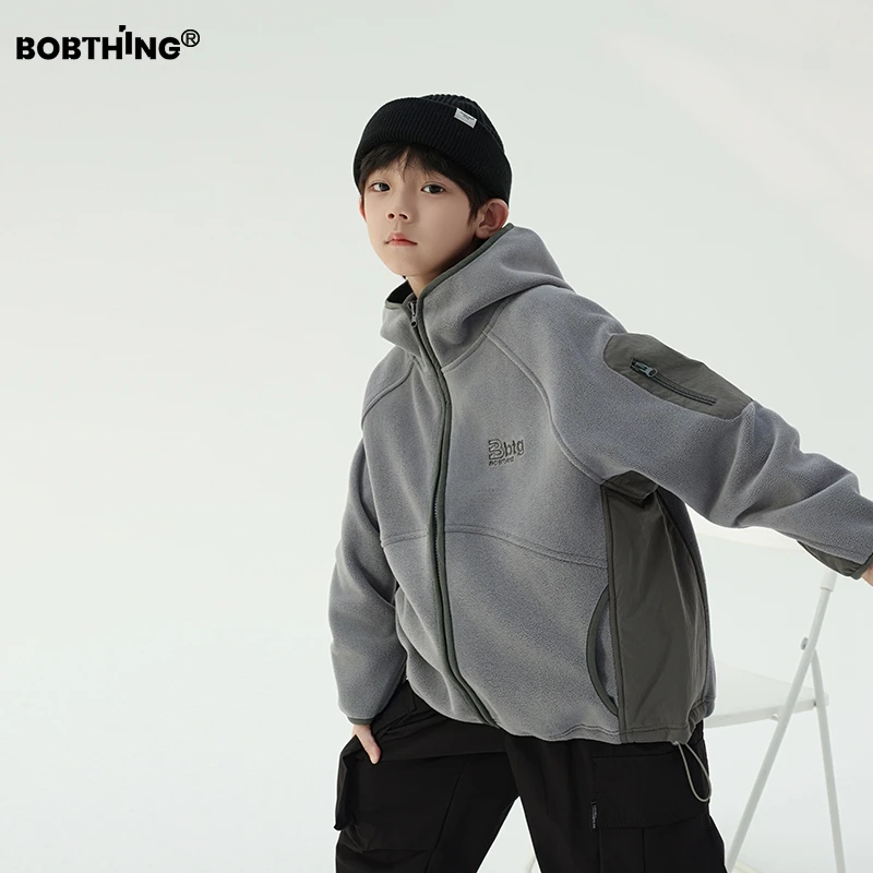 男童冬装灰绿撞色双面奥利绒连帽外套儿童加厚开衫毛绒卫衣潮童装