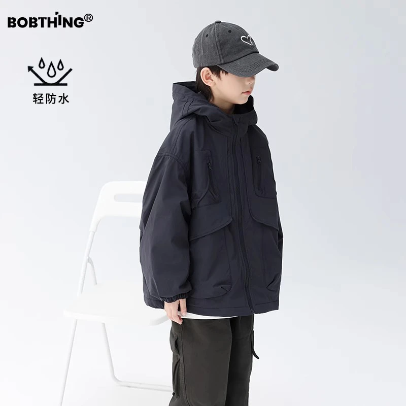 男童冬装简约连帽加绒外套2024新款儿童加厚冲锋衣保暖开衫潮童装