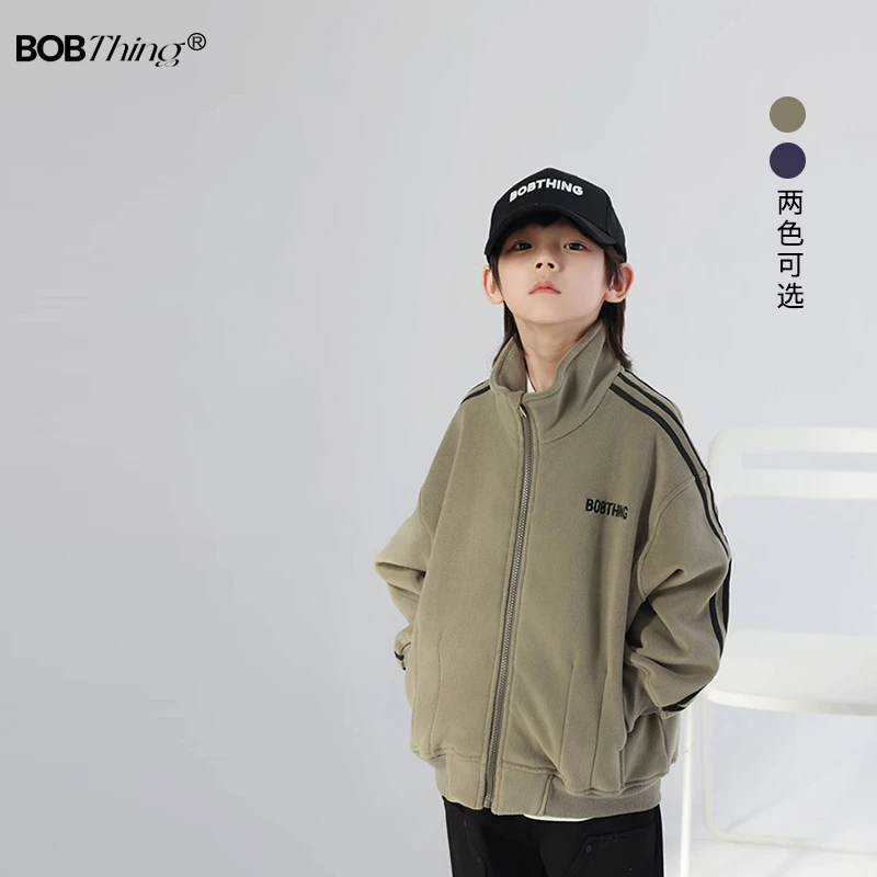 手臂侧条儿童双面奥利绒立领外套2023新款男童装加厚厚棉T开衫运