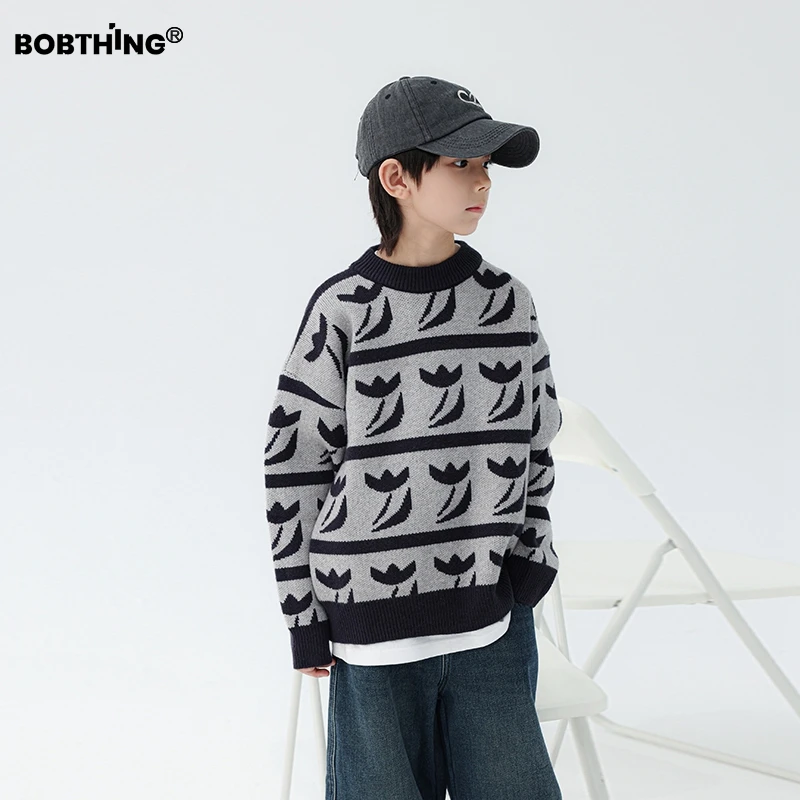 男童冬装气质藏青灰小花毛衣圆领打底衫儿童加厚针织衫童装线衣潮