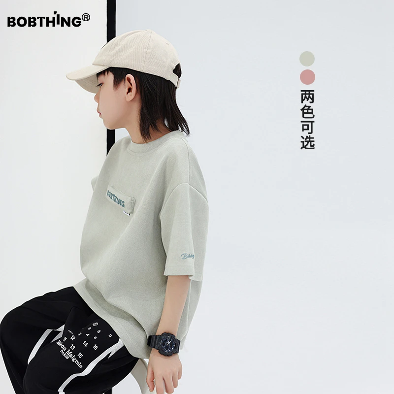 男童夏装立体字母仿麂皮绒短袖高级感t恤儿童透气半袖柔软体恤衫