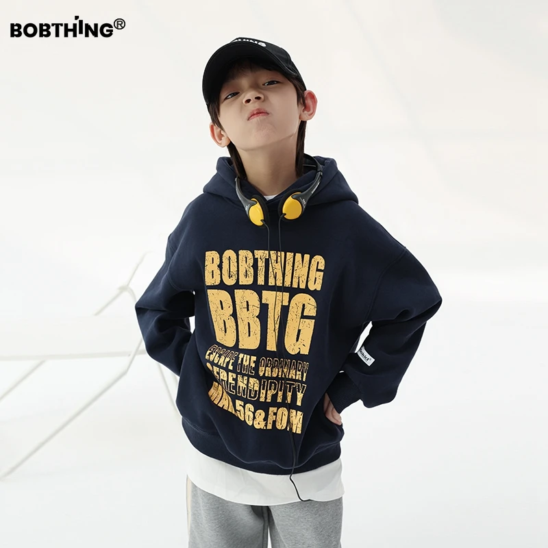 儿童黄字母美式一体绒连帽卫衣加厚帽衫外套男童冬装打底衫潮童装