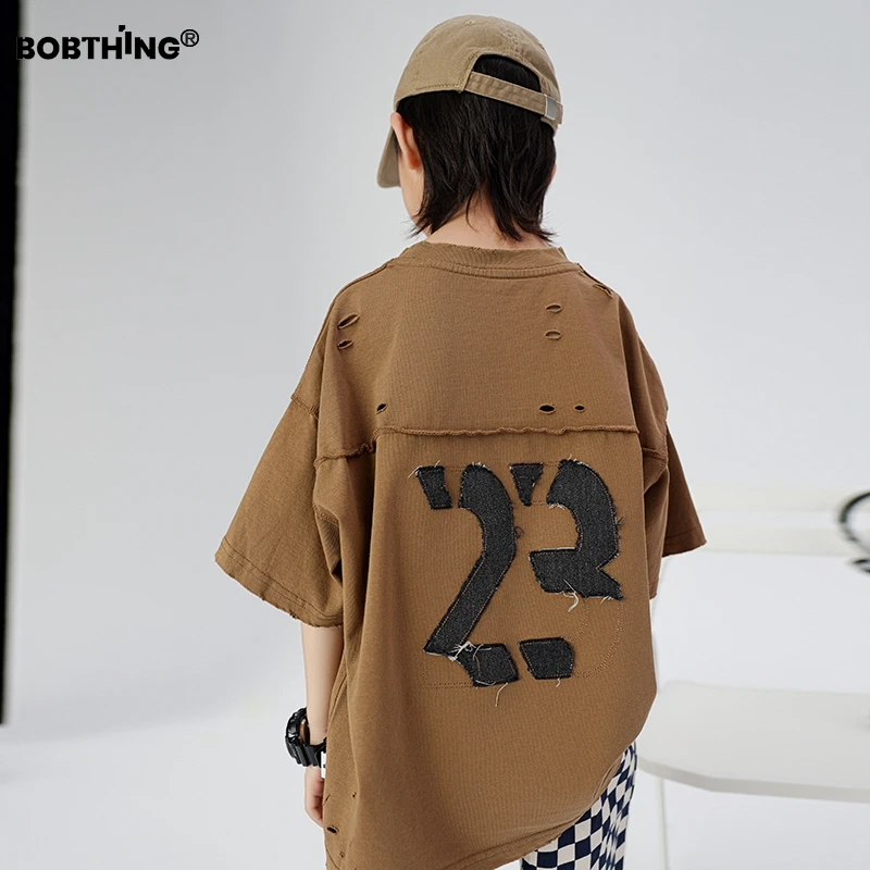 男童个性贴布拼接破洞t恤短袖儿童夏季高街半袖体恤潮牌童装上衣