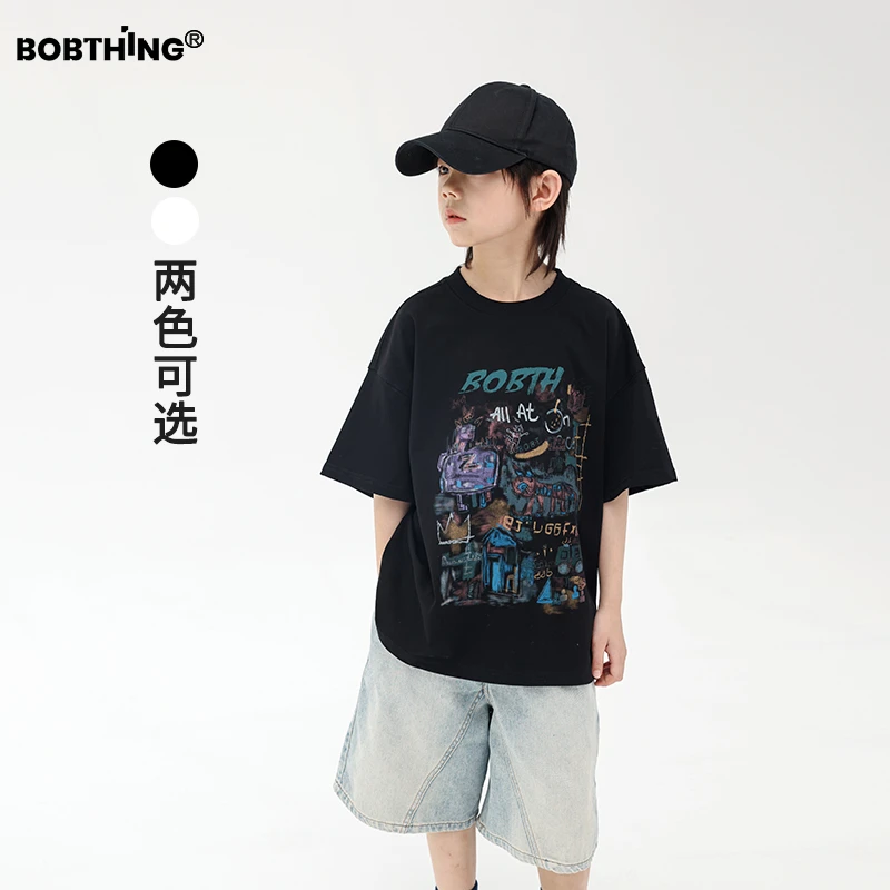 儿童涂鸦印花潮牌t恤半袖上衣男童夏季洋气短袖白体恤童装打底衫