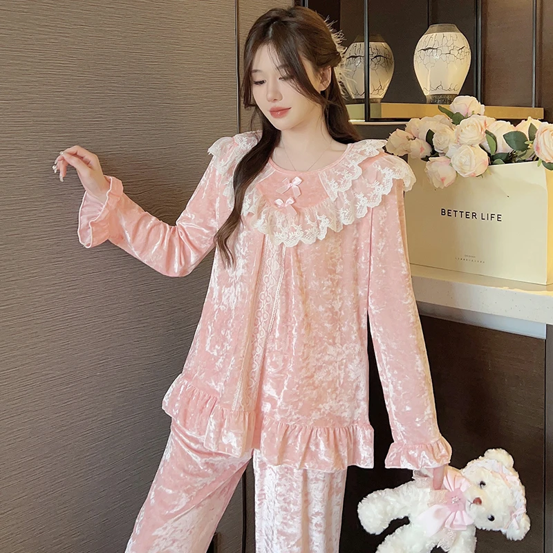 2023年新款轻奢高级感睡衣女士秋冬季可外穿家居服性感蕾丝金丝绒