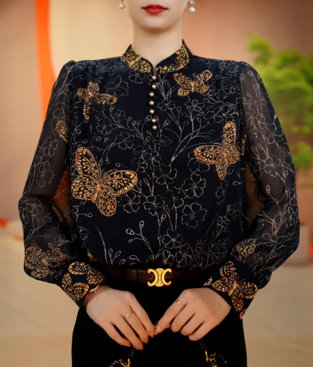 馨漫 春季新款高端印花女显瘦长袖百搭减龄气质时尚衬衫w9300