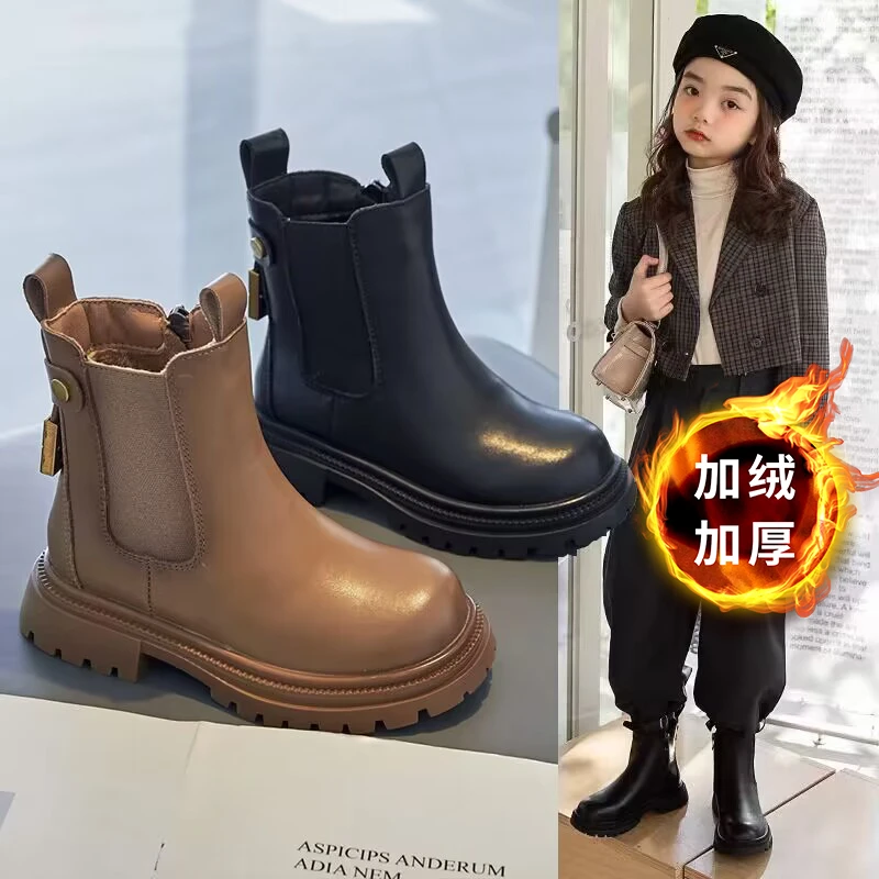 女童马丁靴2023秋冬新款中大童靴儿童靴子短靴加绒女孩英伦风棉靴