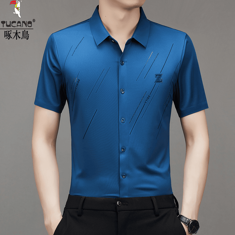 啄木鸟无痕冰丝短袖衬衫男士中年商务高档透气抗皱印花衬衣上衣男