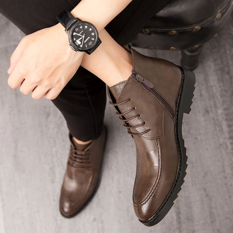 马丁靴男中帮冬季2023新款潮增高英伦风商务软皮男士高帮皮鞋