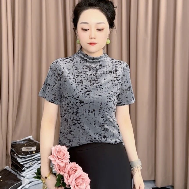153#2025早秋新款高级植绒洋气短袖百搭宽松T恤超显瘦打底衫