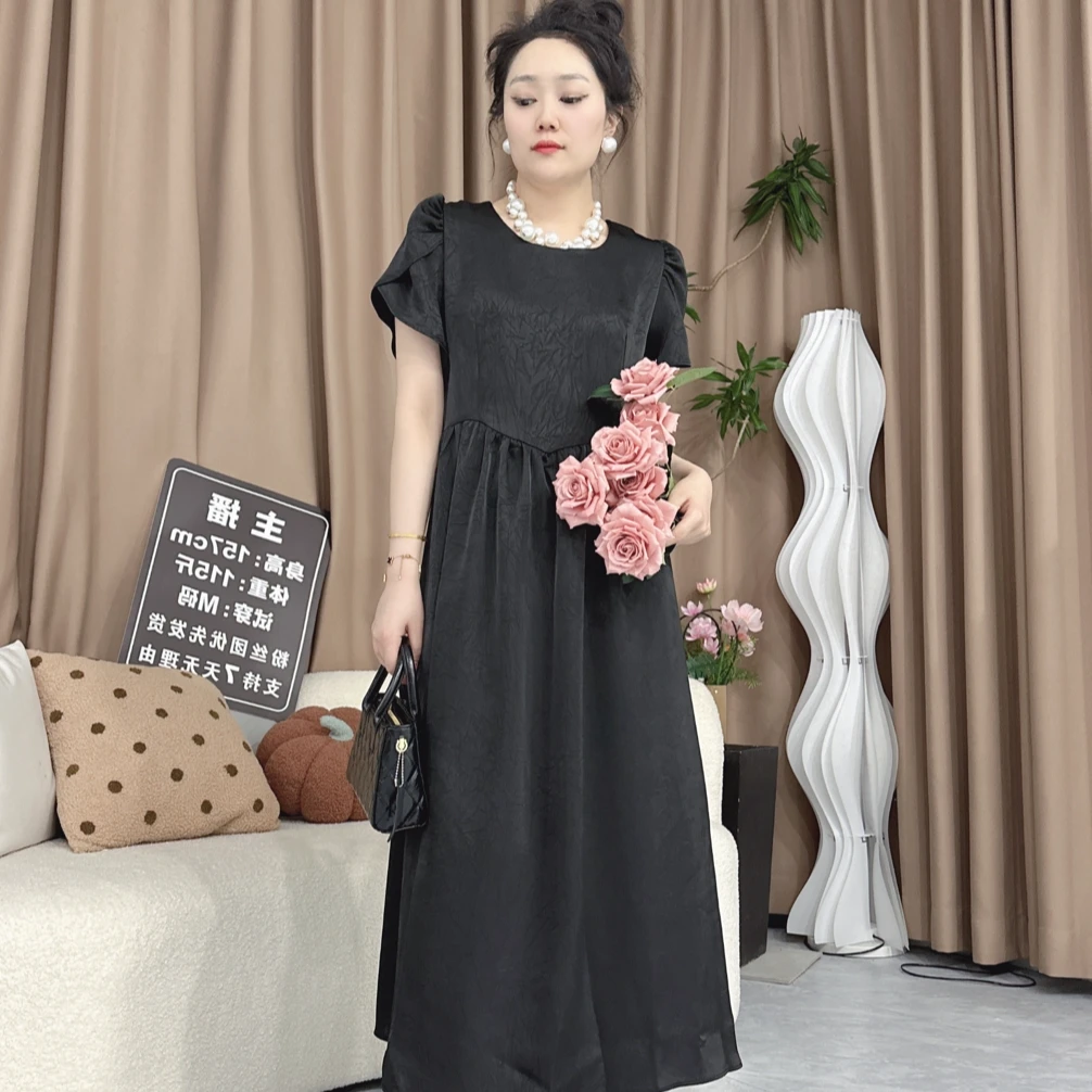 1816#夏季气质收腰超显瘦缎面提花中长款女装连衣裙