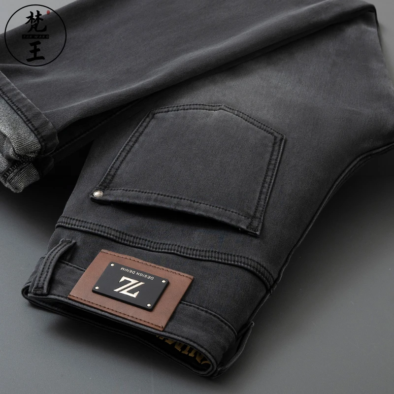 FANWANG/梵王秋冬高端牛仔裤男黑灰色修身小直筒弹力九分休闲长裤