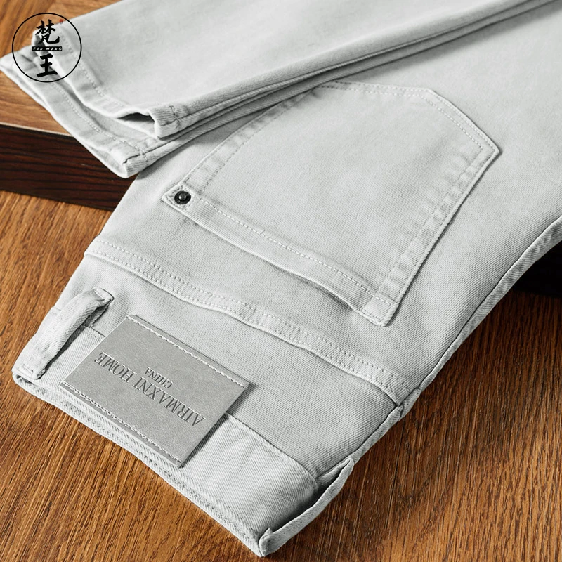 梵王浅色秋冬季新款抓绒纯色牛仔裤男修身小直筒百搭休闲长裤子