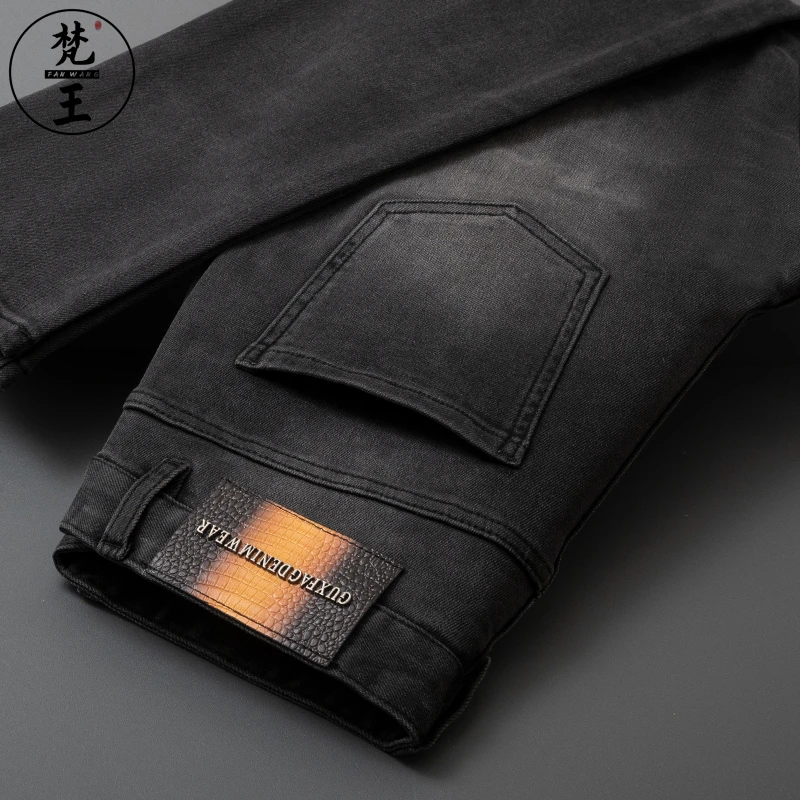 FANWANG/梵王秋冬牛仔裤男弹力青年黑灰色欧版修身小直筒休闲长裤