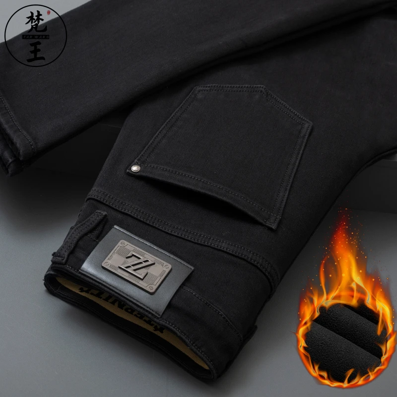 FANWANG/梵王黑色牛仔裤男冬季抓绒九分裤弹力修身休闲百搭长裤子