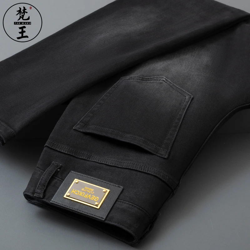 FANWANG/梵王秋冬高端深灰色牛仔裤男修身小脚弹力休闲百搭长裤子