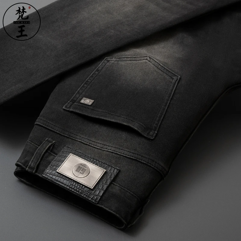 FANWANG/梵王秋冬牛仔裤男弹力灰色青年欧版修身小直筒休闲长裤子
