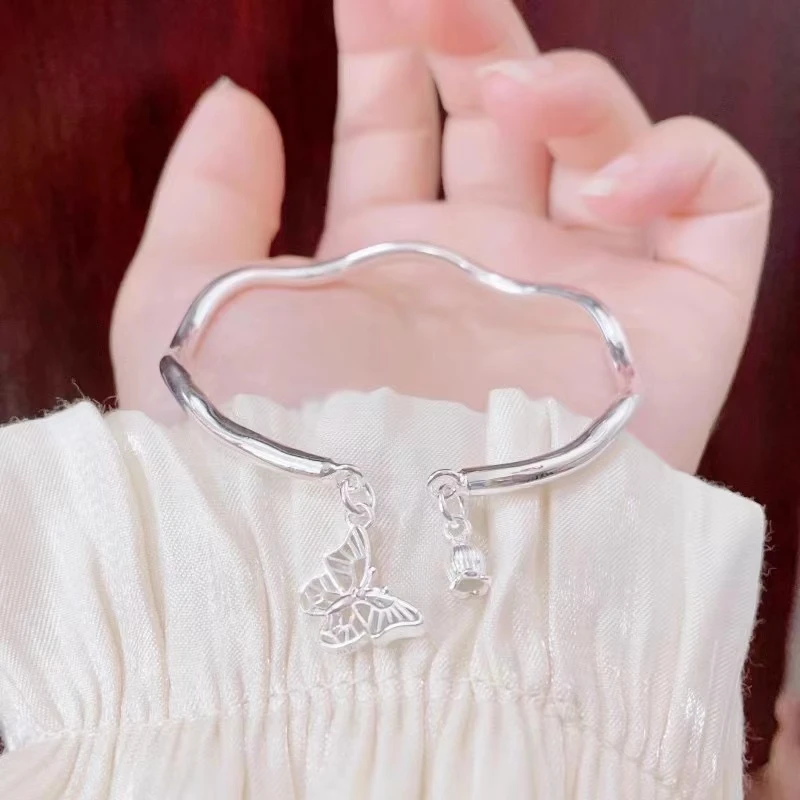足银手镯  12号蝶恋花 开口实心足银手镯