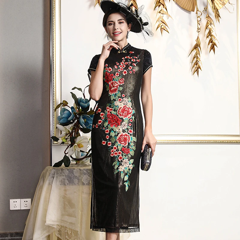 夏季时尚气质修身显瘦高端优雅长款绣花旗袍-28113