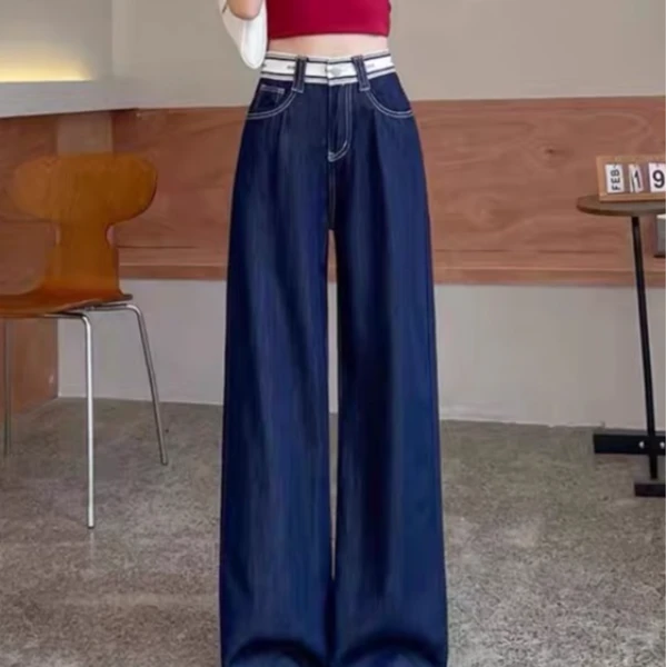 深色高腰宽松直筒牛仔裤女2024年新款休闲百搭显瘦窄版直筒裤004