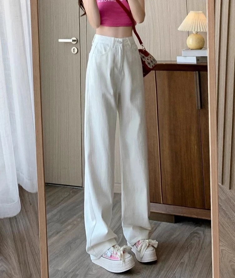 百搭尤莱特窄版白色牛仔裤女新款夏季2025高腰宽松直筒裤薄款显瘦