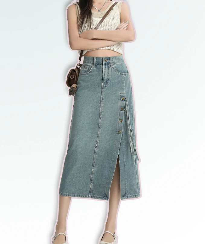尤莱特高腰中长款牛仔半身裙女2024新款时尚小个子遮胯a字包臀裙