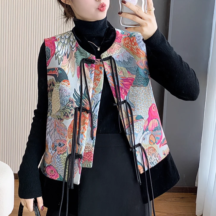 中国风复古盘扣马夹女春秋民族风印花时尚坎肩背心中式冬季棉马甲