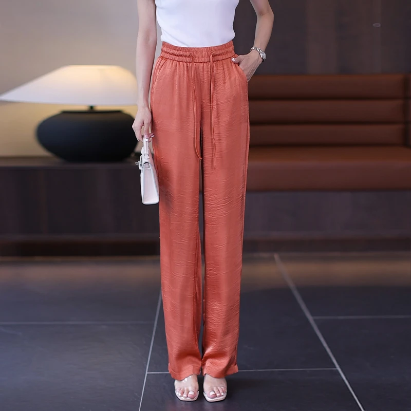 中国风窄版阔腿裤女春夏高档时尚休闲长裤松紧腰薄款宽松直筒裤
