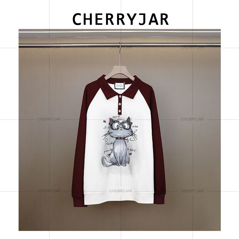 Cherryjar【10201】时尚百搭撞色POLO领小猫图案秋冬印花钉珠卫衣