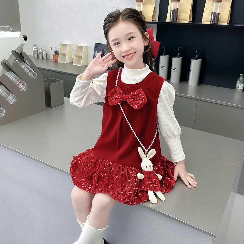 女童秋季连衣裙2024新款洋气时髦儿童红色公主裙女孩秋装套装裙子