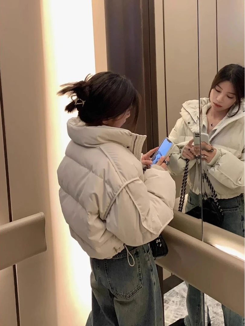 白鸭绒立领下摆抽绳羽绒服女冬新款宽松小个子短款加厚面包服外套