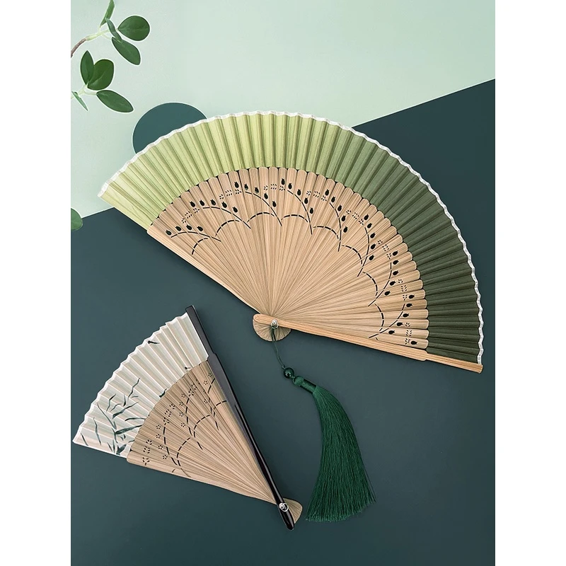 扇子古风新中式折扇中国风舞蹈扇汉服旗袍绿色结婚新娘晨袍折叠扇