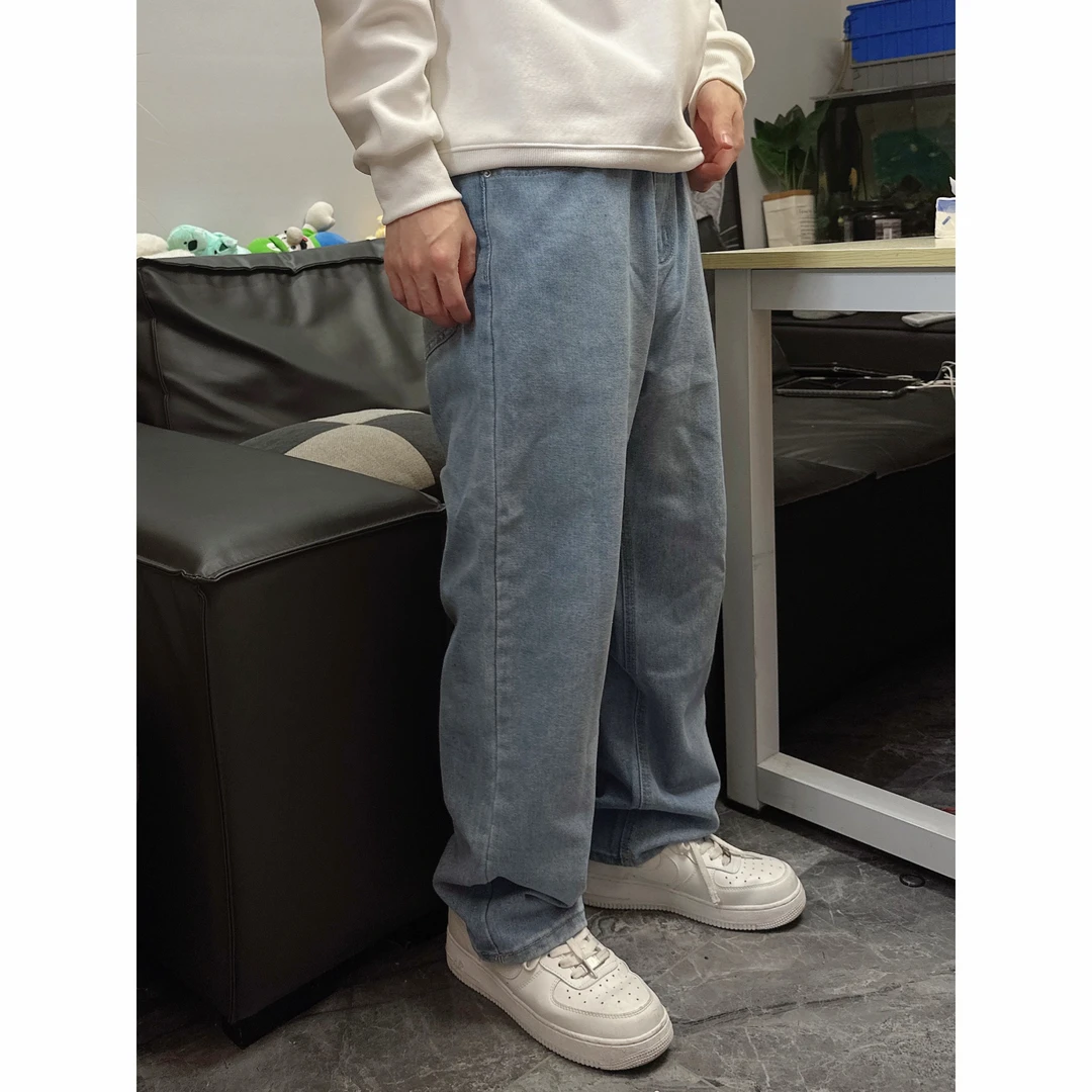 T1MEPALPENG宽松直筒阔腿牛仔裤男士纯色水洗秋季长裤