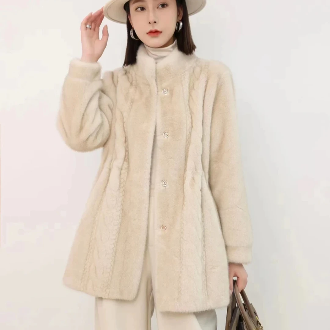 MEENNUOR/梦努2024新款欧貂绒显瘦中长轻奢腰间抽绳显瘦大码外套