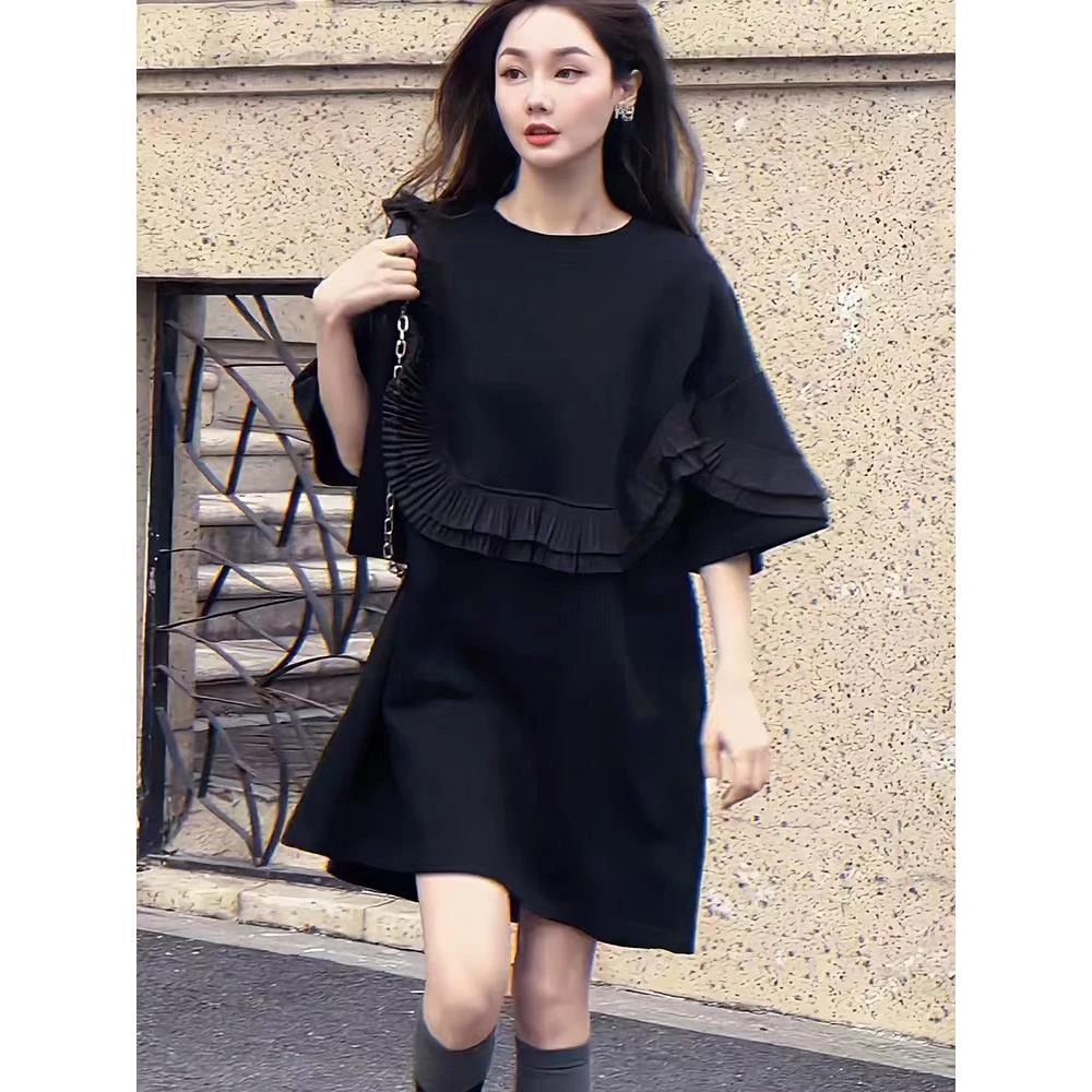 拉夏贝尔欧货时尚撞色木耳边短袖连衣裙女2024夏季新款宽松减龄休