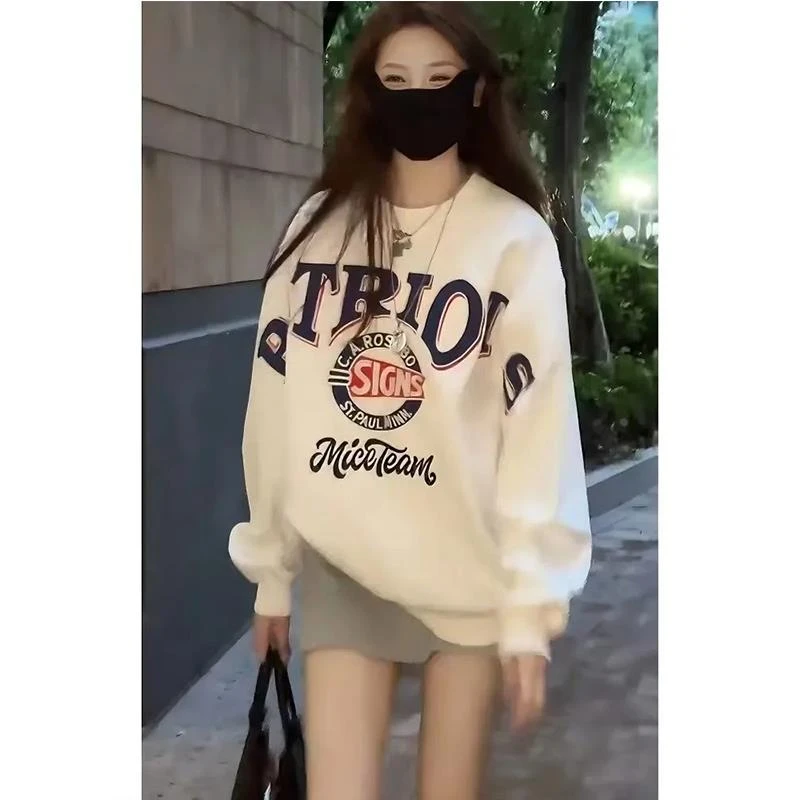 拉夏贝尔2024秋季美式复古字母印花加厚重磅圆领卫衣女高腰短裙裤