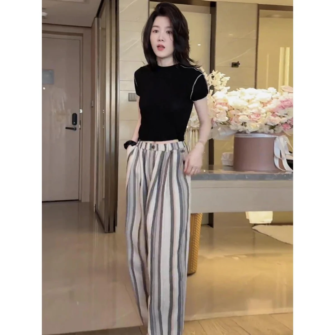 【万达撤柜】简约纯色时尚紧身显瘦T恤条纹阔腿裤2024夏季新款休