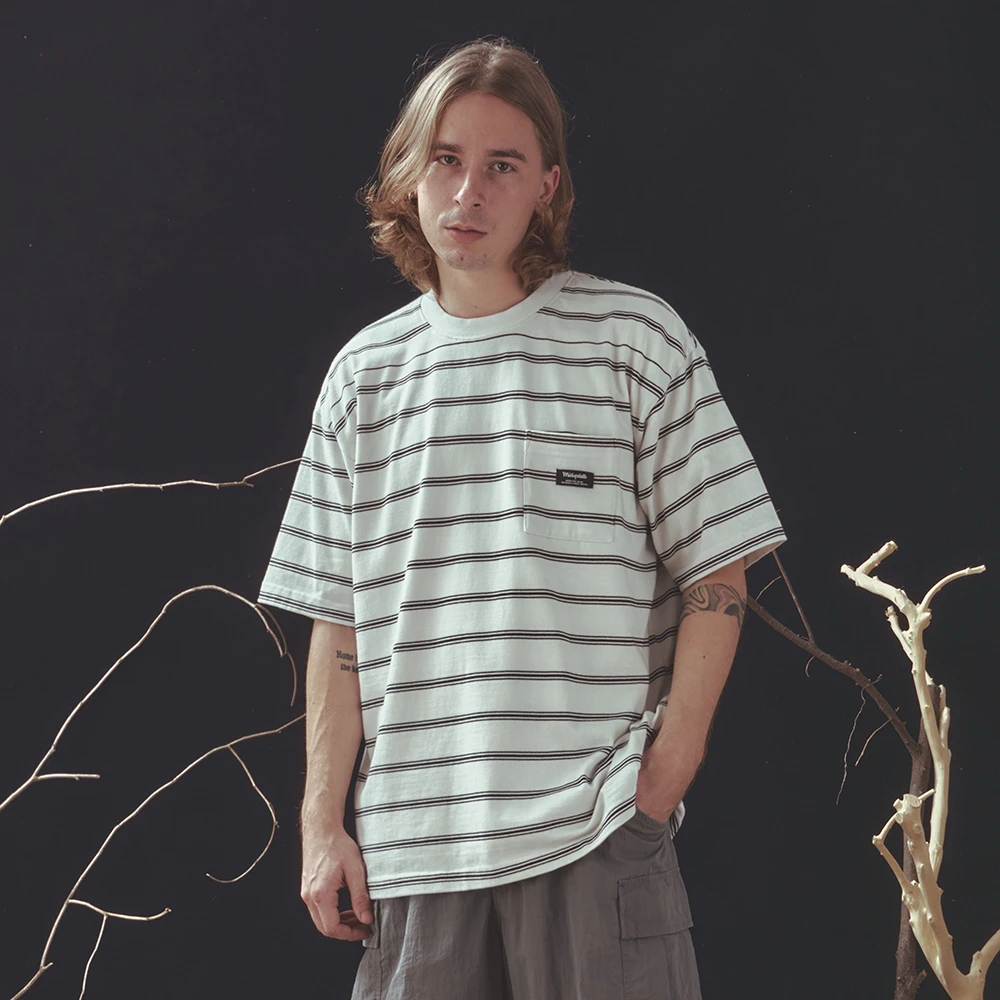 midupdate 2024SS夏季新款日系复古宽松小领口休闲条纹短袖T恤男