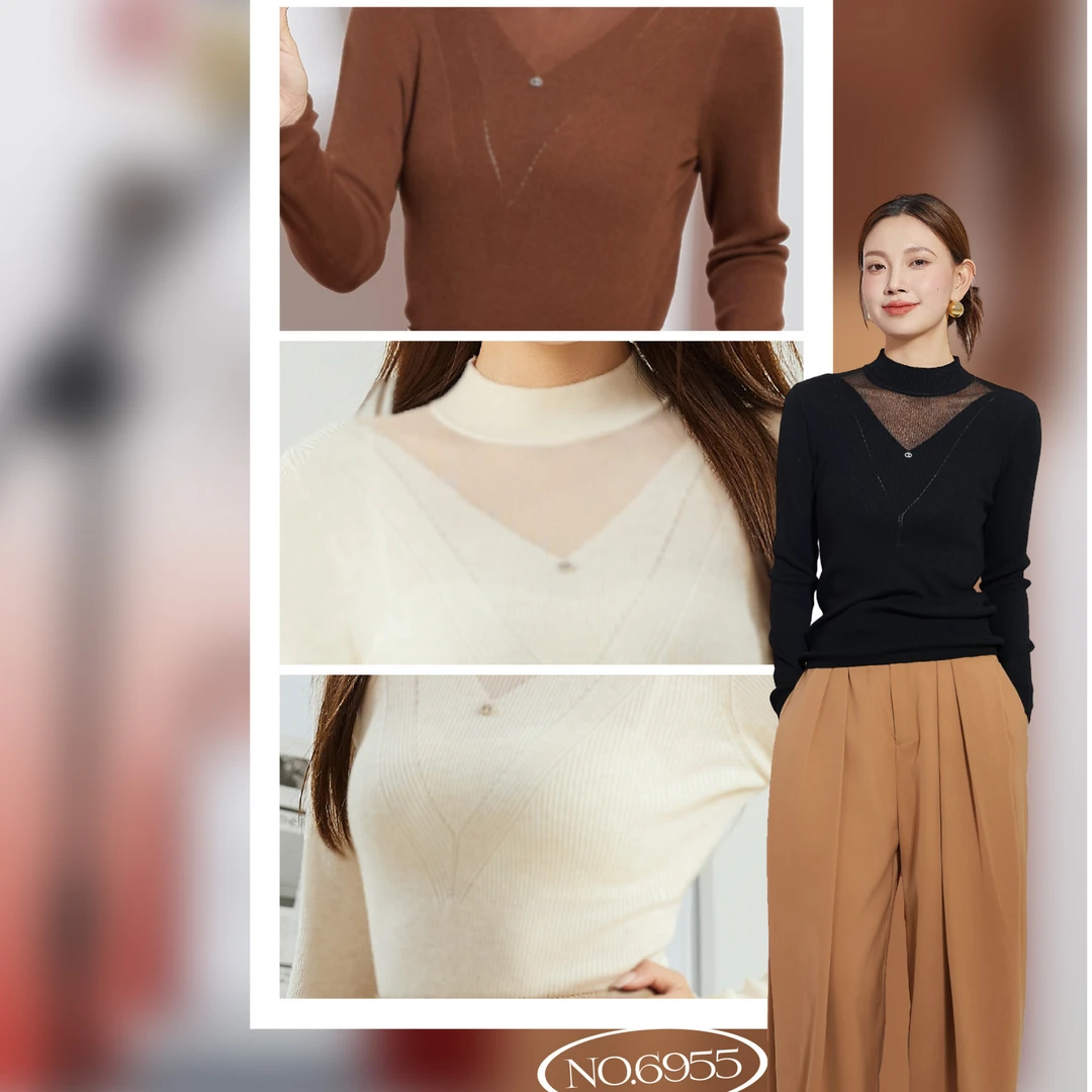 绵羊毛半高领针织衫-6955