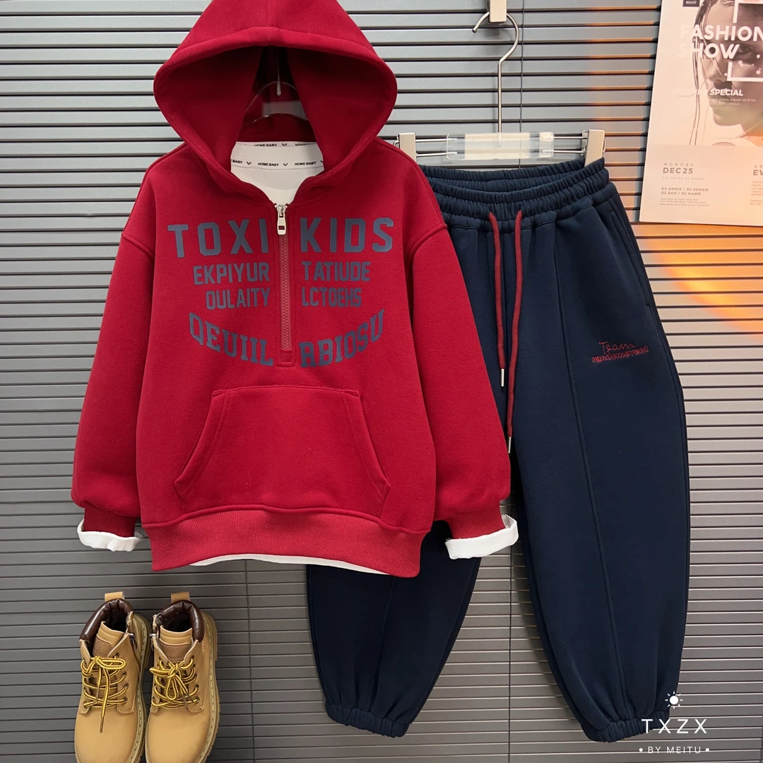 TX-24XY188冬季新款中大童字母印花一体绒开衫卫衣连帽外套+套装