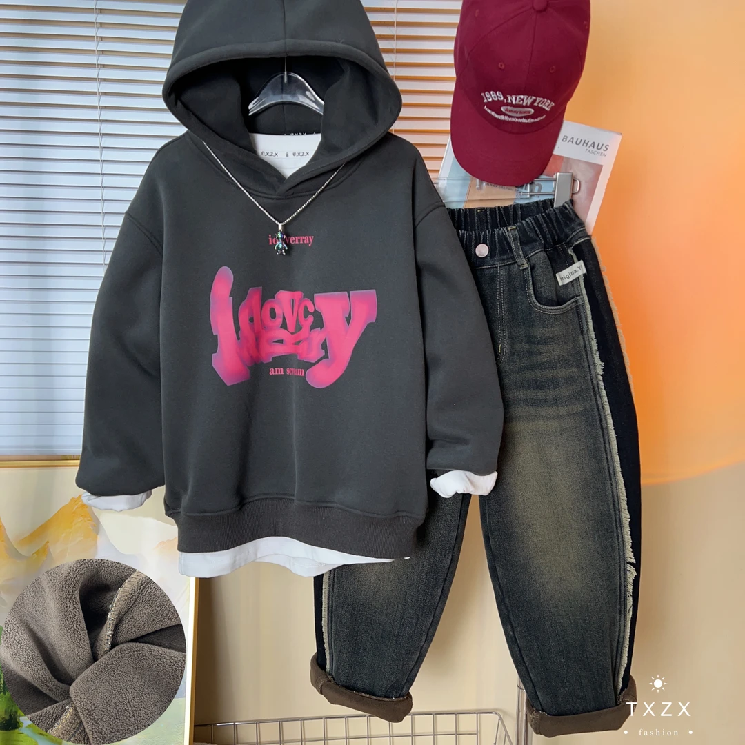 TX-23XY50冬季新款加绒卫衣简约舒适休闲男童女童宽松牛仔裤时尚