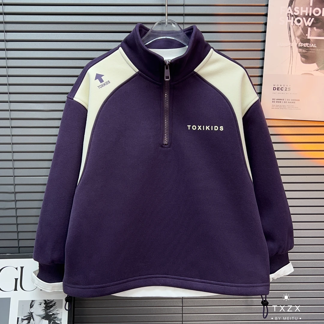 TX-24XY179冬季新款中大童亲子韩版潮酷半拉链卫衣拼接上衣潮