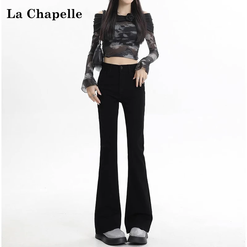 拉夏贝尔黑色微喇叭牛仔裤女春秋冬2024新款高腰显瘦加绒马蹄裤子