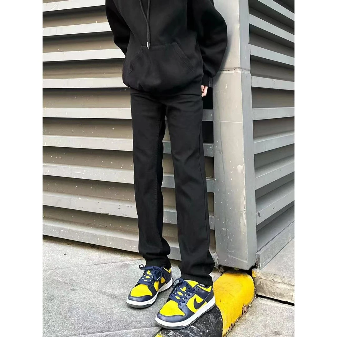 粤牛扎花美式高街cleanfit简约黑色弹力牛仔裤修身直筒潮牌百搭