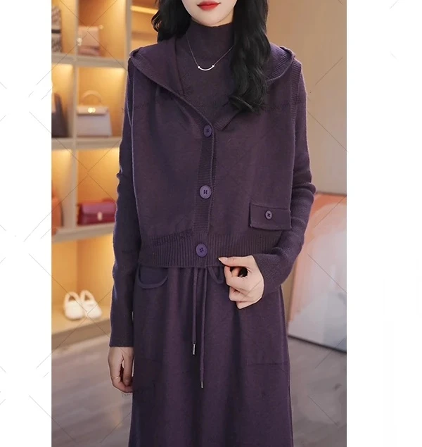 【LIANG】时尚设计感高领针织连衣裙休闲连帽马甲两件套装冬季新款